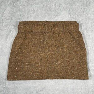 VTG Express Italy Wool Tweed Mini Skirt Brown Flecked Belted Girly Preppy 11/12